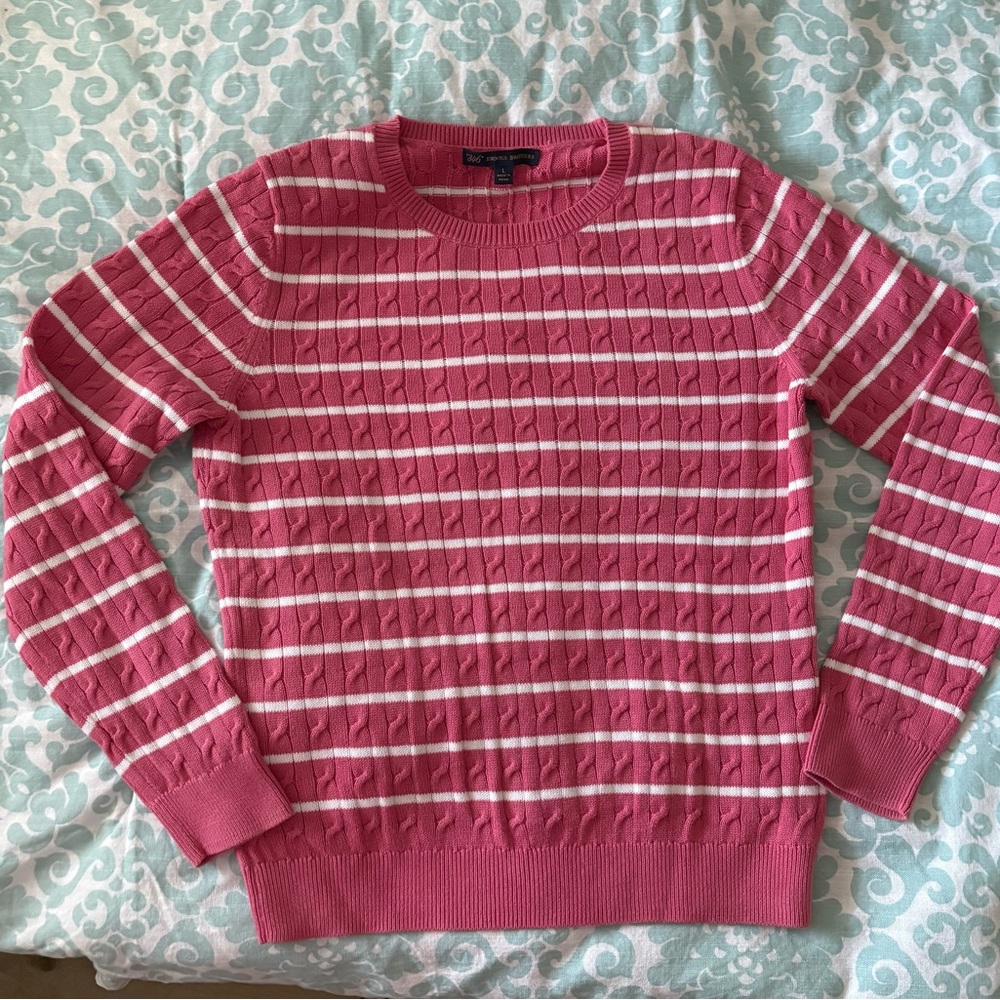 Brooks Brothers Pink Cable Knit Sweater with White Stripes